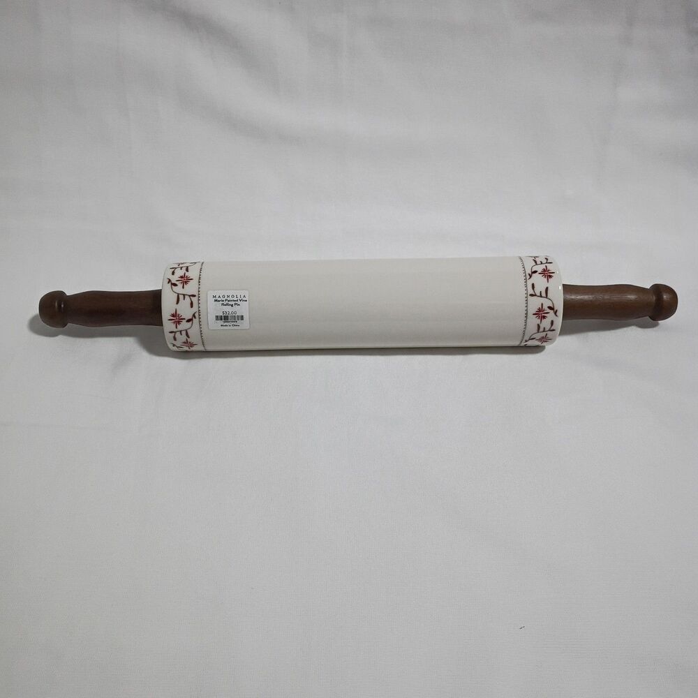 Magnolia Rolling Pin  Marie Painted Vine Ceramic Roller With Wood Handles New